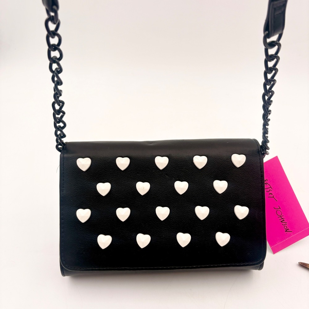 Betsey Johnson XOSYBIL Black Faux Leather Crossbody Bag White Heart‎ Studs